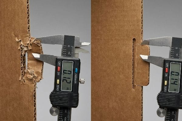 Digital calipers measure corrugated board slots: a torn 0.12-inch slot contrasts with a clean 0.14-inch slot, showing caliper compensation.