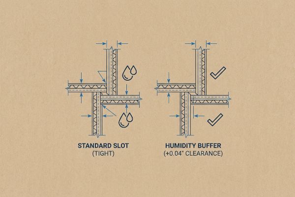 Two diagrams compare corrugated board slot tolerances: a tight Standard Slot with water droplets and a Humidity Buffer slot with 0.04-inch clearance and checkmarks.