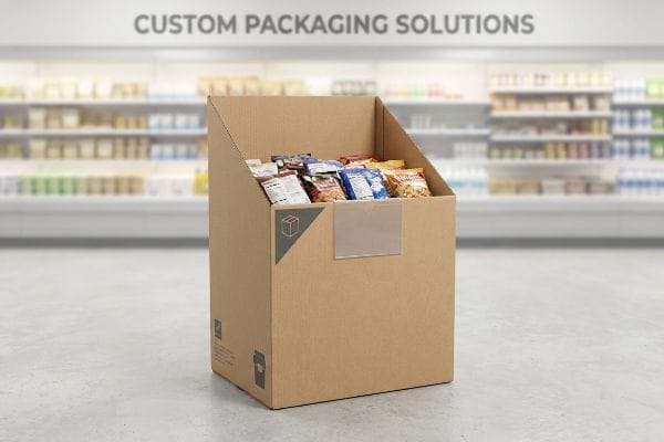 A corrugated cardboard dump bin, filled with packaged snacks, stands in a retail store, promoting Custom Packaging Solutions.