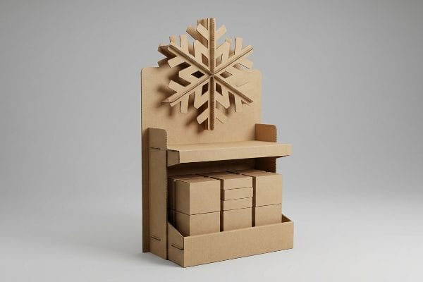 Natural corrugated cardboard display featuring a large 3D die-cut snowflake header and small product boxes, designed for seasonal visual disruption.