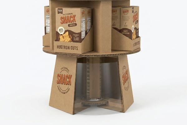 Corrugated kinetic rotating floor stand for Fictional Snack Snacks by Hultron Cuts, with internal structural spine.