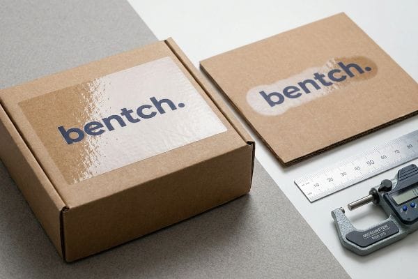 Corrugated bentch. box and flat board showcasing spot UV gloss, measured by a ruler and digital micrometer.