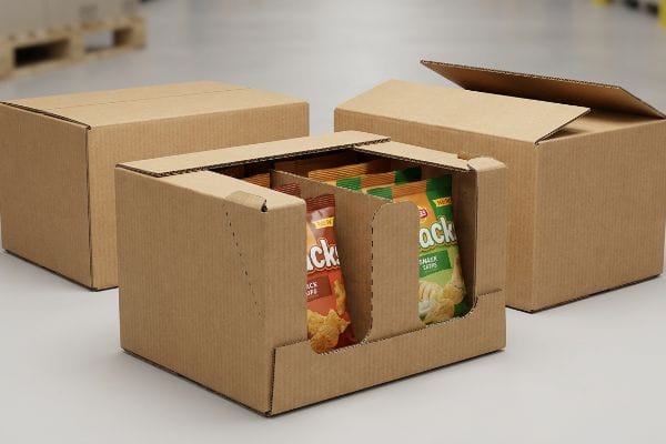 A corrugated shelf-ready packaging unit displays Jack Snack Chips, flanked by a closed shipping box and an open carton.