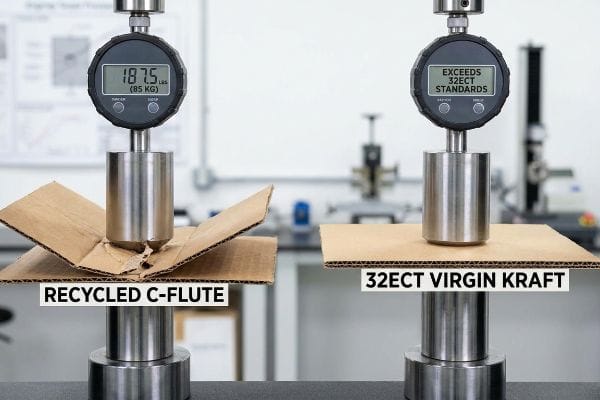 A compression test comparing Recycled C-Flute, failing at 187.5 Lbs (85 KG), against 32ECT Virgin Kraft, which Exceeds 32ECT Standards.