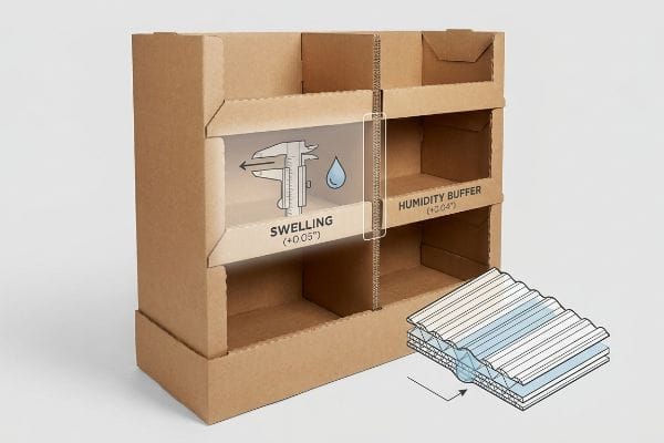 Brown corrugated display illustrating Swelling (+0.05