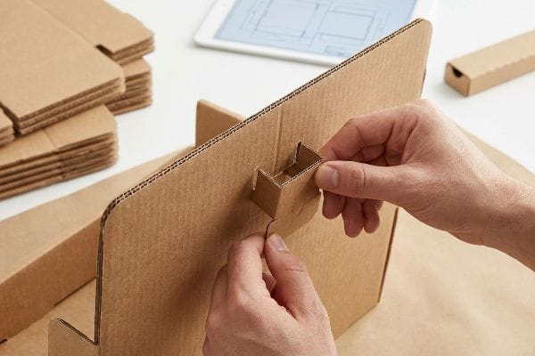 Brown corrugated cardboard display component being assembled by hands, featuring an Origami-style paper lock mechanism.