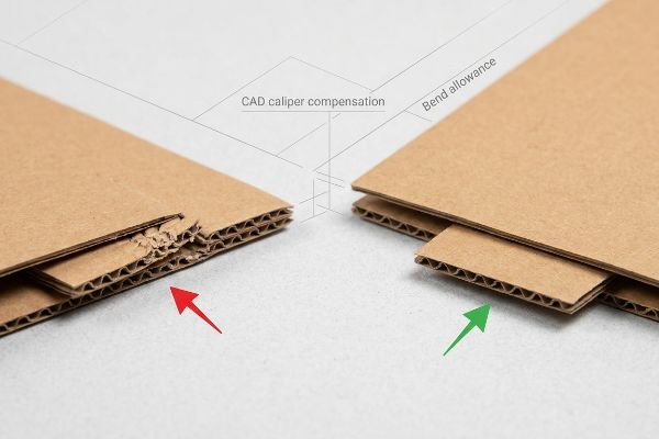 Corrugated B-flute shows a torn, uncompensated tab next to a clean, compensated tab, illustrating CAD caliper compensation and bend allowance.