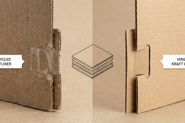 Corrugated board comparison: damaged Recycled Testliner with tape versus strong Virgin Kraft Liner tabs, highlighting structural integrity.