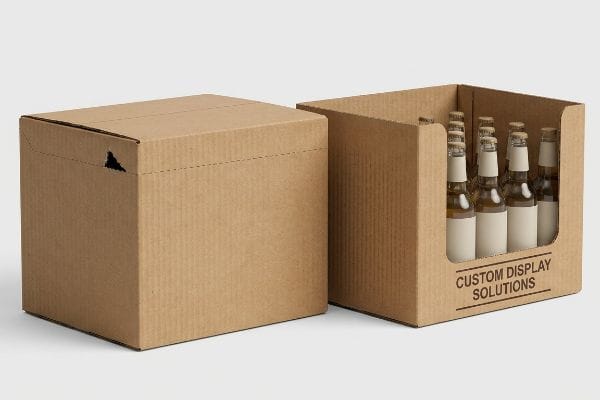 Brown corrugated cardboard shipping carton with a top flap tear next to an open retail-ready display box holding glass bottles, labeled
