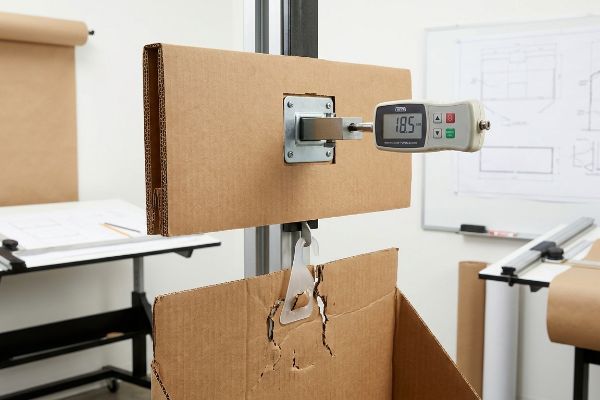 Corrugated cardboard pull-test shows 18.5 Lbs force tearing material with a plastic hanger and digital gauge.