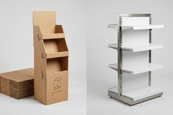 Brown corrugated cardboard temporary display stand, partially assembled, with three shelves and a stack of flat-packed units.