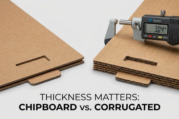 Um micrômetro digital mede um material ondulado de 3,04 mm de espessura com perfil B, em contraste com um aglomerado mais fino, ilustrando a importância da espessura: aglomerado versus papelão ondulado.