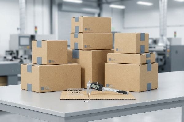Digital caliper measuring corrugated board thickness at 1.86mm, with a 