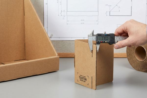 A hand uses a digital caliper to measure the 1.160-inch thickness of a corrugated Custom Display box, ensuring precise slot tolerances.
