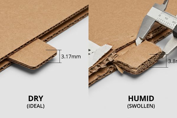 Corrugated B-flute cardboard showing 3.17mm Dry (Ideal) thickness and 3.8mm Humid (Swollen) thickness, measured by caliper.
