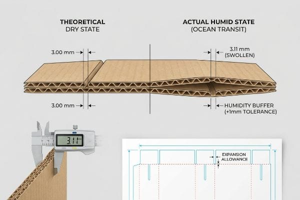 Corrugated cardboard cross-section showing 3.00 mm Theoretical Dry State versus 3.11 mm Swollen Actual Humid State (Ocean Transit), measured by a digital caliper.