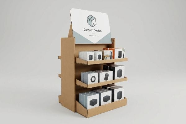 Brown corrugated cardboard end cap display with three-tier shelves showcasing various product boxes and a 'Custom Design' header.