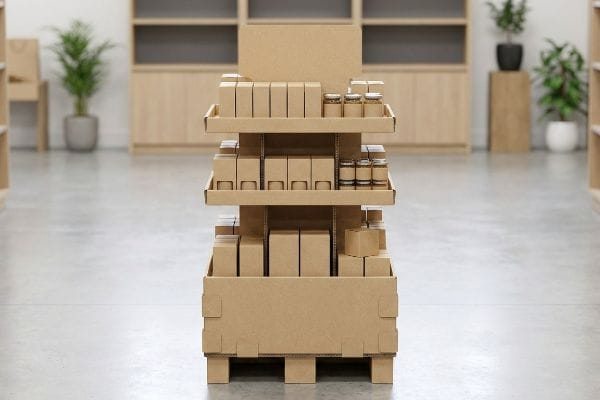 Brown corrugated cardboard floor display unit, three-tiered, stocked with eco-friendly boxes and glass jars for retail merchandising.