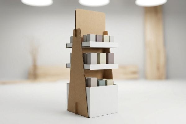 A retail point of purchase display, crafted from corrugated cardboard, features three white shelves showcasing small product boxes.
