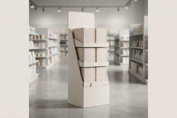 A retail store aisle features a beige corrugated cardboard POP display stand with three tiers, each holding plain product boxes.