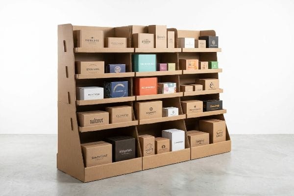 Corrugated tiered floor display stand organizes diverse branded boxes: Naltnut, Pio Magnifica, Chamberie, Premium Bites.