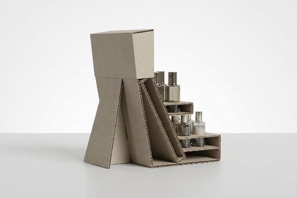 Corrugated cardboard countertop display with an extended easel back, showcasing small cosmetic bottles on tiered shelves for retail stability.