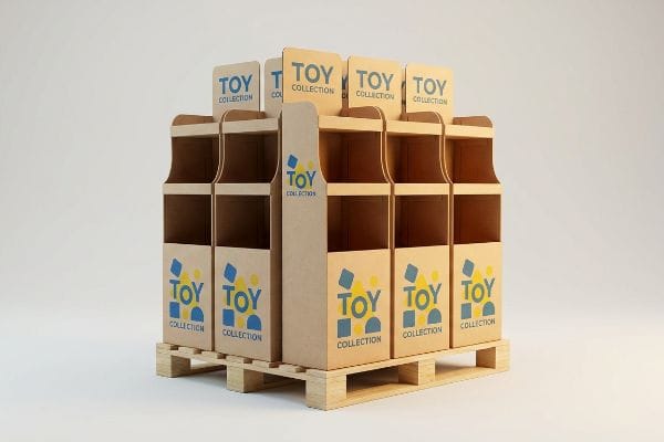 Multiple empty corrugated cardboard toy display stands with 'Toy Collection' branding, arranged on wooden pallets for bulk retail display.