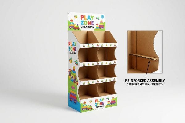 Corrugated cardboard 'Play Zone Creations' toy display rack, empty, featuring colorful train graphics and reinforced assembly.