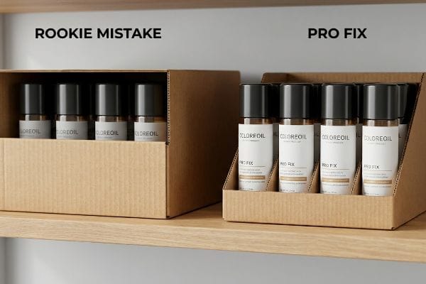 Corrugated shelf trays showcase COLOREOIL bottles, contrasting a Rookie Mistake's high lip with a Pro Fix's low lip for enhanced product visibility.