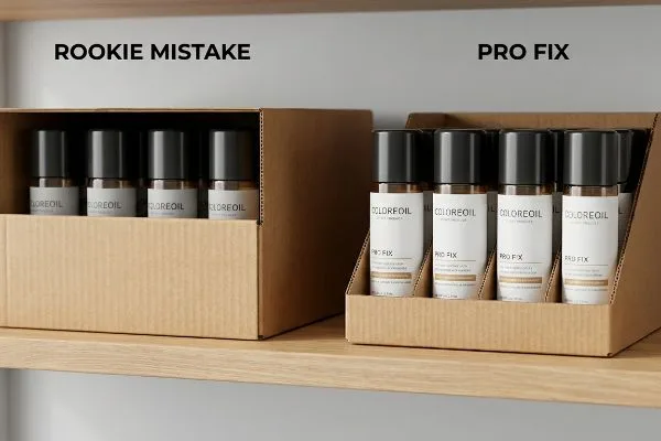 Auf geriffelten Regaltabletts werden die COLOREOIL-Flaschen präsentiert, wobei der hohe Rand einer Rookie Mistake-Flasche dem niedrigen Rand einer Pro Fix-Flasche gegenübergestellt wird, um die Produktsichtbarkeit zu verbessern.