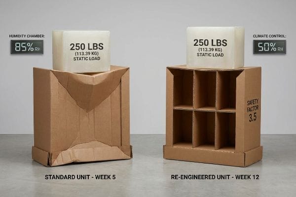 Comparaison des unités ondulées : Unité standard (semaine 5) déformée dans une chambre d'humidité de 85 % HR, contre Unité ré-ingénierée (semaine 12) stable dans un environnement à contrôle climatique de 50 %, les deux sous une charge statique de 250 LBS (113,39 KG), avec un facteur de sécurité de 3,5.
