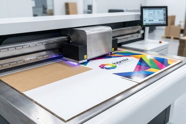 Corrugated board being printed with a colorful Hormiv logo by a UV flatbed digital printer, showing instant ink curing.