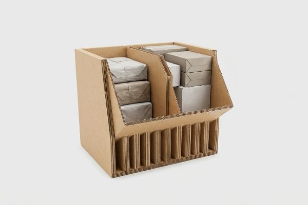 Corrugated cardboard dump bin, two compartments with wrapped packages, visible vertical flute base for durability.
