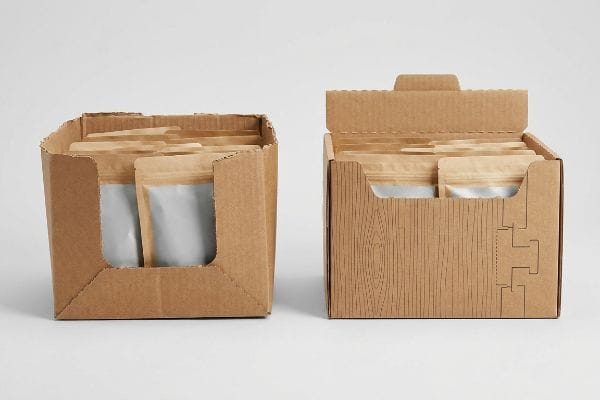 Brown corrugated shelf-ready display boxes with kraft and silver pouches. One has a front cut-out, the other shows vertical fluting.