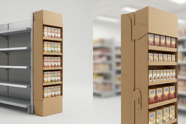 Brown corrugated cardboard side cap display with multi-shelf Blue Ribbon coffee boxes, attached to a metal retail end-cap shelving unit.
