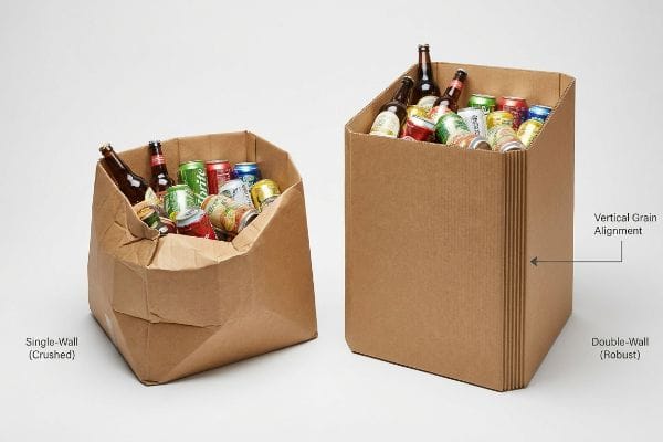 Contenedores abiertos de cartón corrugado marrón: una caja de pared simple aplastada frente a una robusta caja de doble pared con alineación vertical de la fibra, llenos de bebidas.