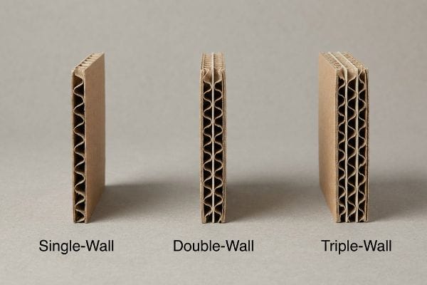 Brown corrugated fiberboard cross-sections showing Single-Wall, Double-Wall, and Triple-Wall fluting structures for packaging.