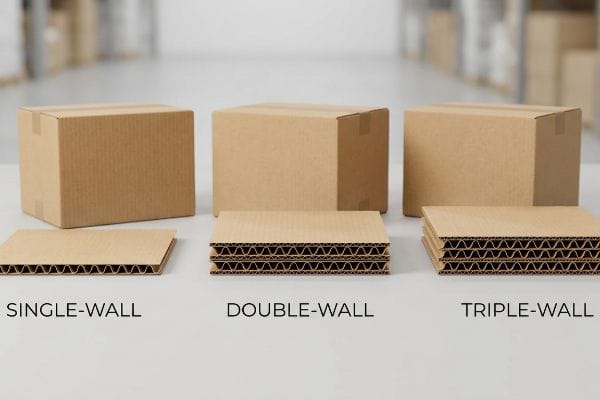 Corrugated cardboard types: Single-Wall, Double-Wall, and Triple-Wall, displayed as flat sheets and brown boxes.