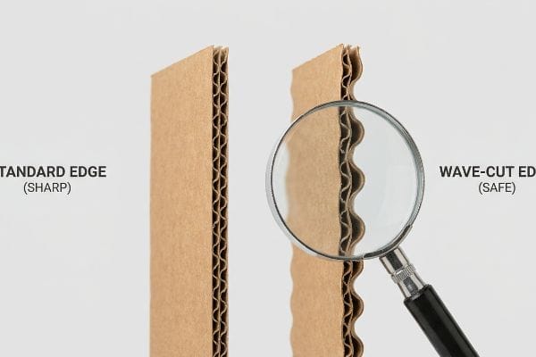 Comparação de papelão ondulado mostrando uma borda padrão (afiada) e uma borda ondulada (segura), ampliada para melhor visualização dos detalhes.