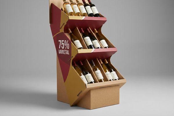 Corrugated cardboard floor display showcasing wine bottles with a