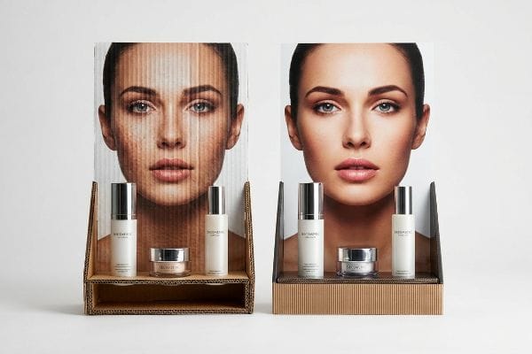 Corrugated cosmetic displays comparing the washboard effect on B-flute with a smooth E-flute finish for Biomimic products.