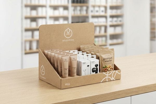 A retail counter showcases a kraft cardboard PDQ tray holding Nilorrame cosmetic tubes, Gadget electronics, and Gourmet Snacks.