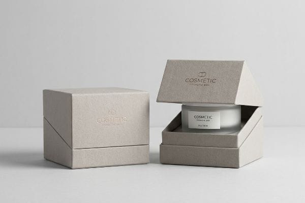 Two light beige cosmetic folding cartons, one open revealing a Cosmetic Cosmetic Jar (1 fl oz / 30 ml), one closed.