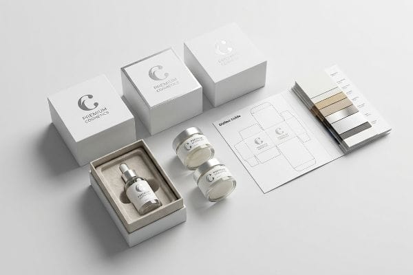 Cosmetic packaging suite for Premium Cosmetics, including white boxes, a dropper bottle, cream jars, dieline guide, and material swatches.