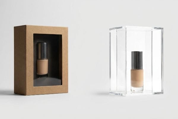 Light brown corrugated cardboard shadow box next to a clear acrylic display case, both holding a beige cosmetic bottle.