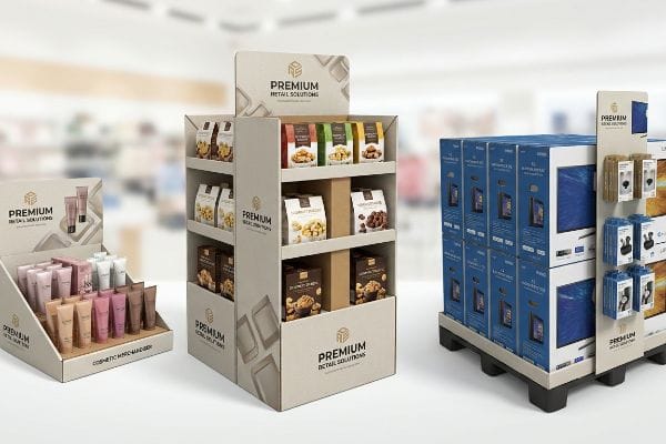 Premium Retail Solutions presents diverse product placement marketing displays: a Cosmetic Merchandiser, multi-tiered snack floor unit, and electronics pallet display.