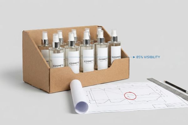 صينية كرتونية بنية اللون من نوع PDQ توضع على سطح الطاولة، تحمل زجاجات رذاذ مستحضرات التجميل، مع مخطط يوضح نسبة الرؤية 85%.