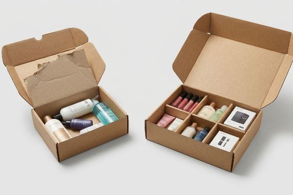 Brown kraft cardboard boxes, one with loose personal care products, the other with cosmetics and electronics in modular dividers.