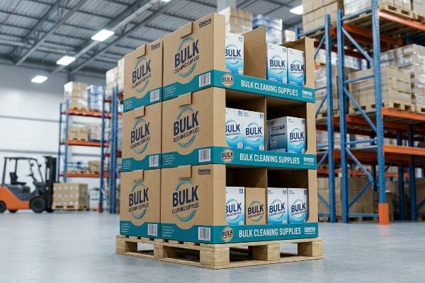 A warehouse setting features a Costco PDQ display of Bulk Cleaning Supplies, showcasing a corrugated merchandiser on a wooden pallet.