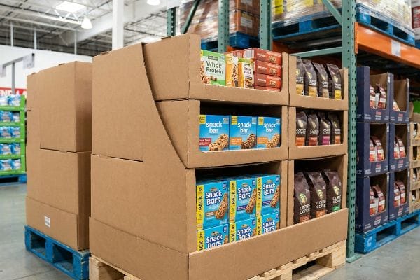 Inside a Costco warehouse, corrugated PDQ trays display Snack Bars, Whoh Protein bars, and Coffee Coffe bags on wooden and blue pallets.